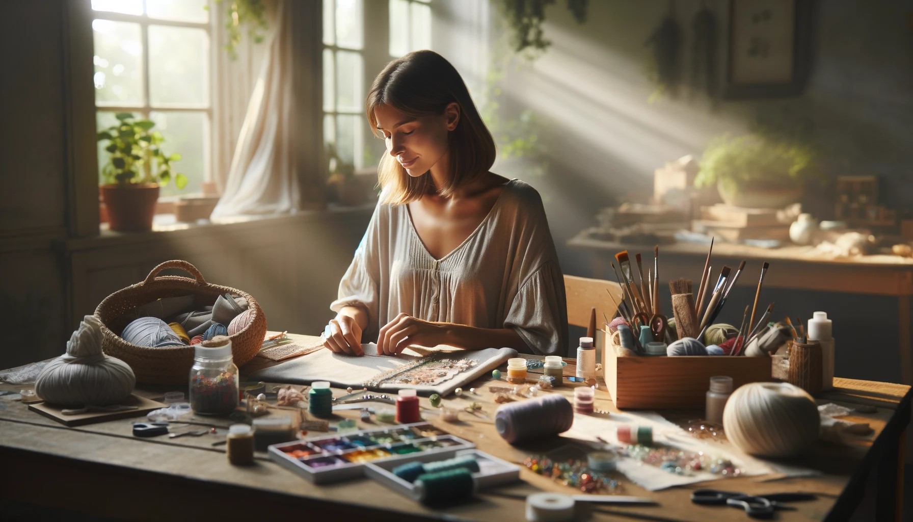 20 DIY Craft Ideas A serene crafting workspace bathed in natural light. A woman sits at a large table, deeply focused on her crafting project.