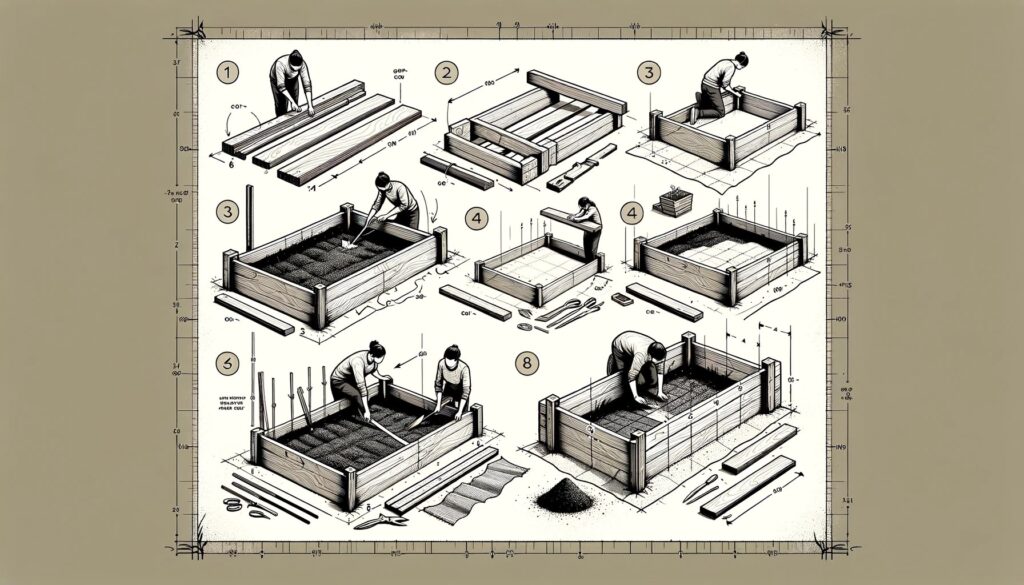 A series of line sketches illustrating the steps to create a DIY raised garden bed