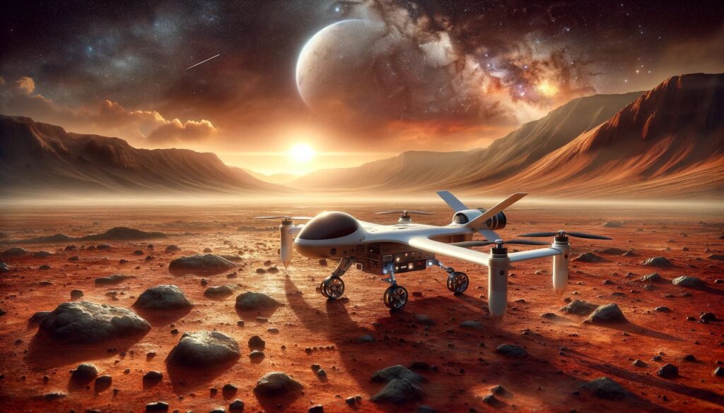 An artistic representation of a small, futuristic aircraft on the rocky, reddish surface of Mars under a bright sky