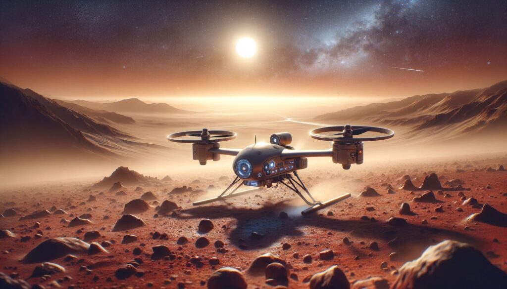 An artistic representation of a small, futuristic aircraft on the rocky, reddish surface of Mars under a bright sky. The aircraft, resembling a drone