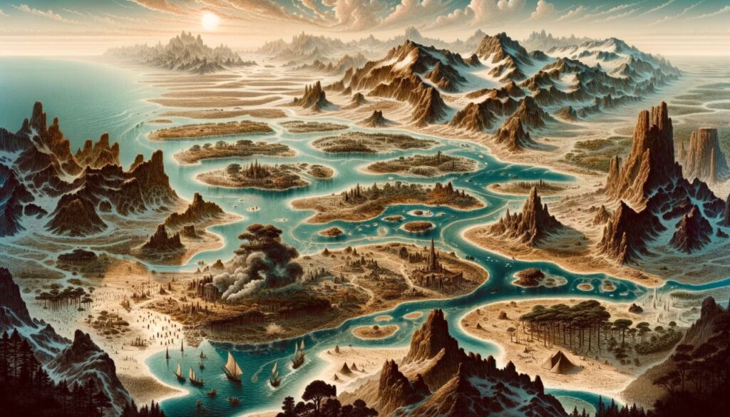 Unveiling Ancient Sahul Insights Into Early Human Migration And   Create An Image Depicting The Ancient Landmass Of Sahul During The Ice Age Showing A Vast Interconnected Landscape With Lower Sea Levels 1024x585 