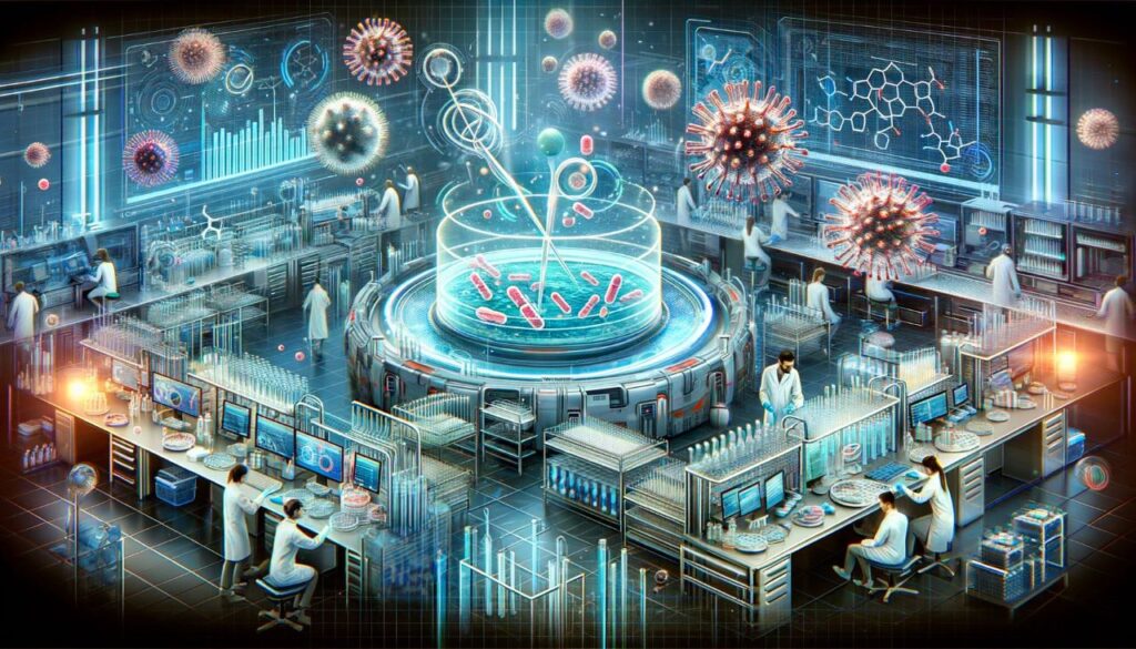 Digital illustration of a futuristic laboratory setting where scientists are researching and developing new antibiotics.