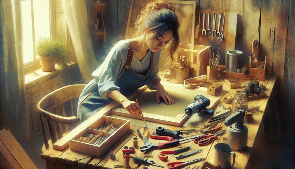 a woman engaged in a DIY project, working intensely at a workbench with tools spread around in a well lit room