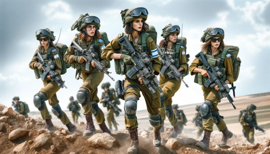 female Israeli soldiers in combat gear actively engaged in a military operation in the Gaza Strip