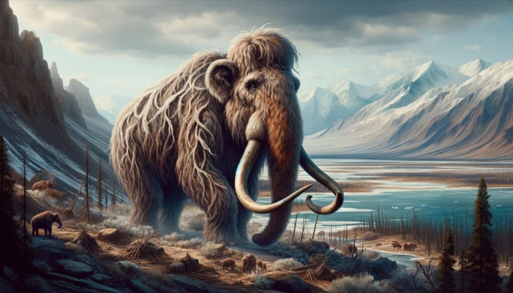 image depicting a female woolly mammoth in the Ice Age Alaskan landscape