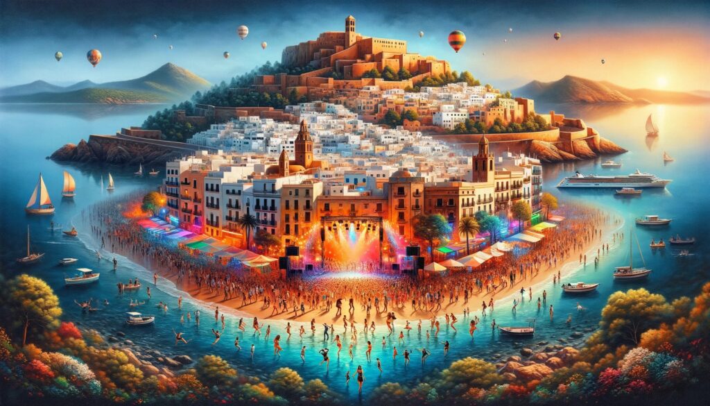 painting capturing the famous aspects of Ibiza in a scene including a vibrant depiction of Ibiza's nightlife