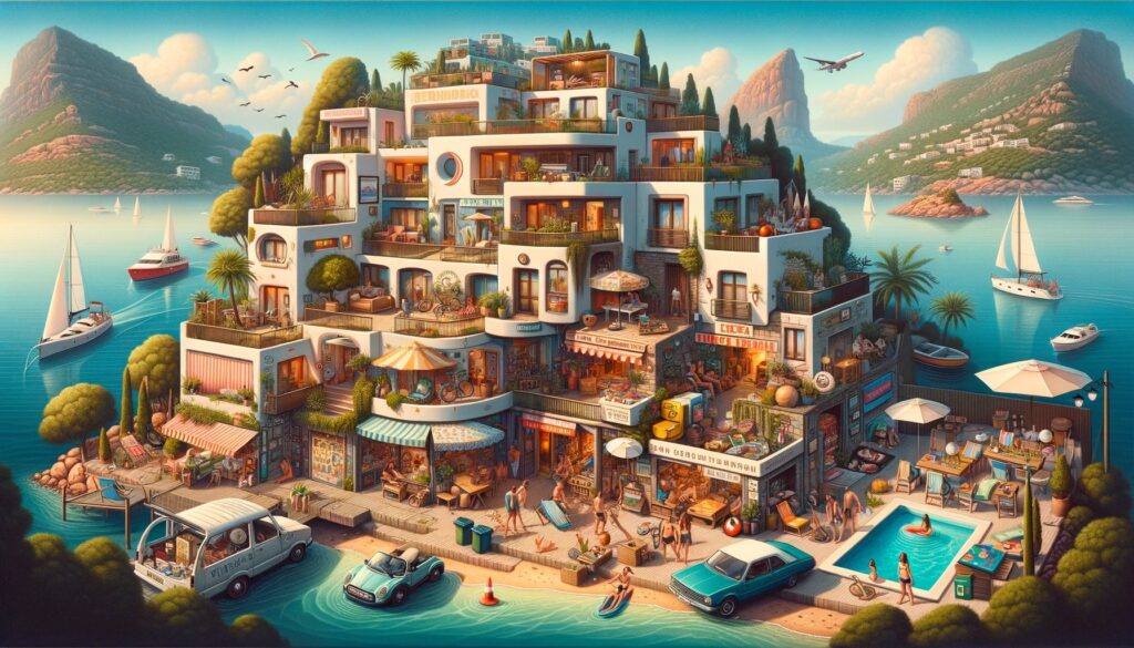 painting depicting a budget friendly trip to Ibiza in a scene includes elements of affordable accommodations