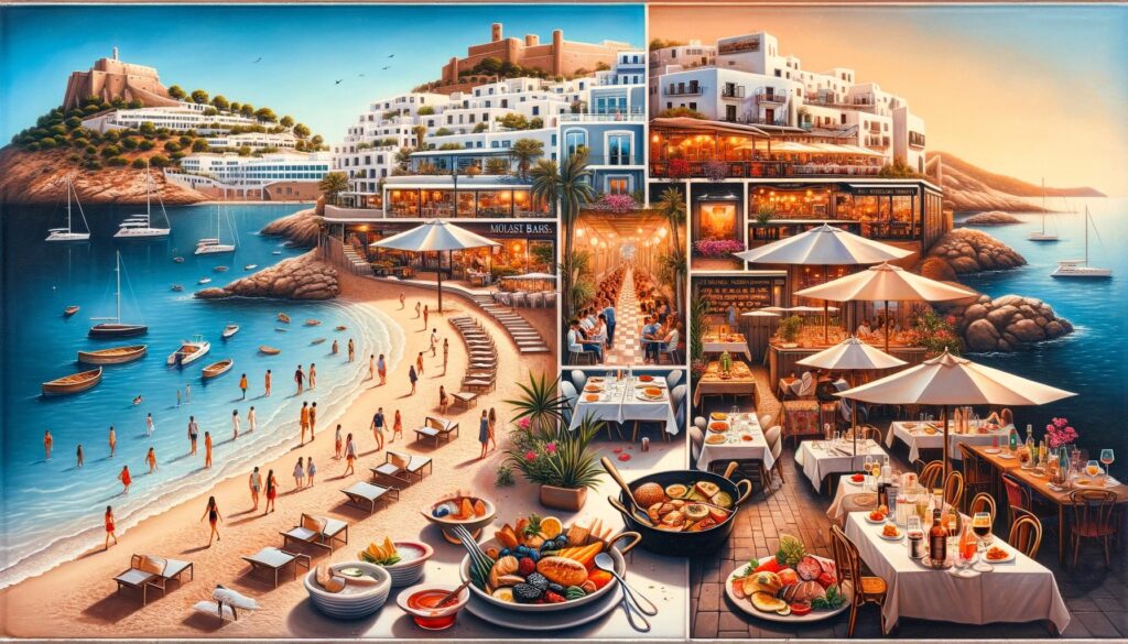 painting illustrating the diverse range of food and drink options in Ibiza