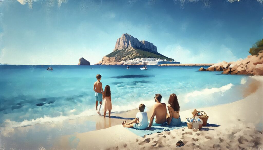 painting of a family enjoying a day at one of Ibiza's family friendly beaches.