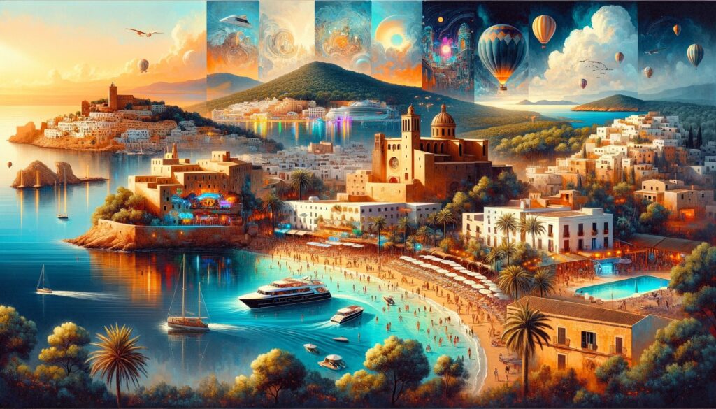 painting showcasing the allure of Ibiza holidays in a scene includes various aspects of Ibiza