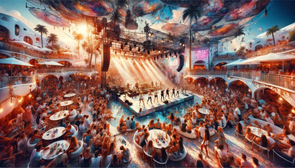 painting showcasing the vibrant atmosphere of Ibiza Rocks in a wide format image. The scene captures a live performance at the Ibiza