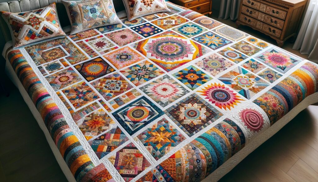 A beautifully designed patchwork quilt spread out on a bed showcasing intricate patterns and vivid colors of the fabric pieces