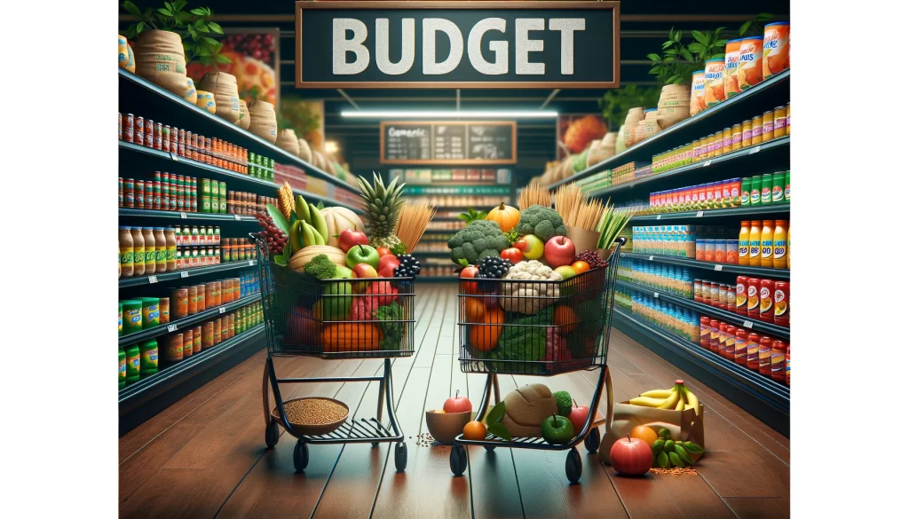 A budget shopping scene in a grocery store, focusing on a shopper's cart filled with bulk items, seasonal produce, and generic brands