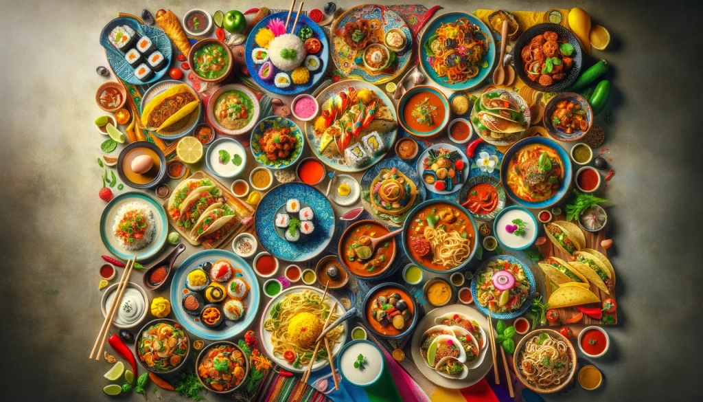 A colorful array of dishes from various global cuisines, showcasing the diversity and richness of flavors from around the world