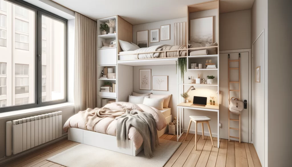 A cozy bedroom in a small apartment, utilizing vertical storage solutions like tall shelves and a loft bed with a workspace underneath