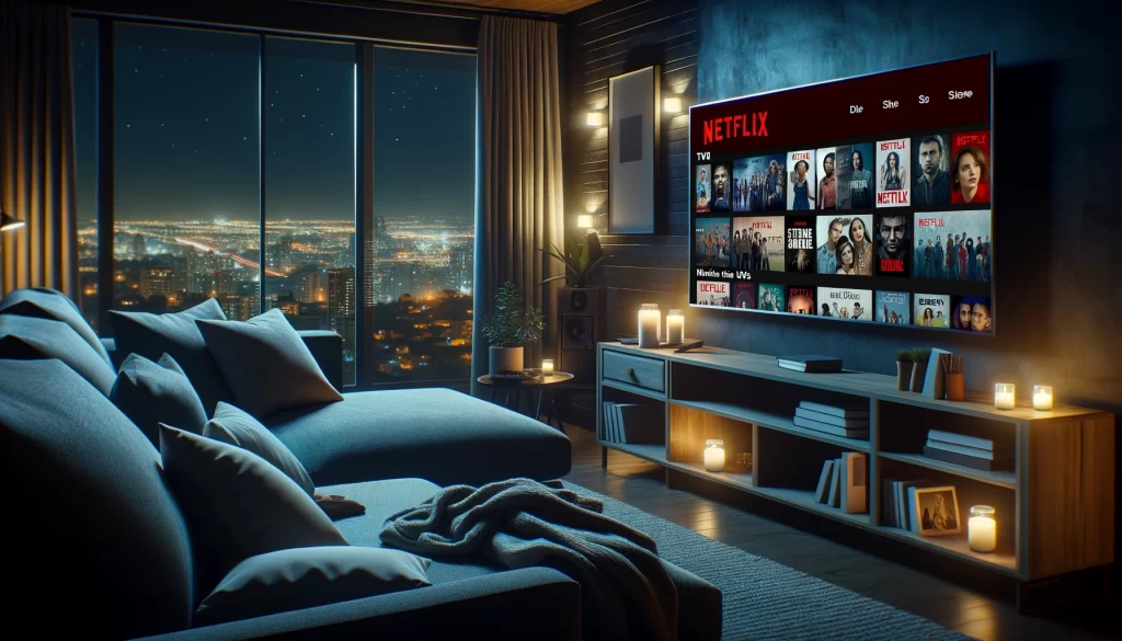 A cozy living room at night with a large TV screen displaying the Netflix home screen