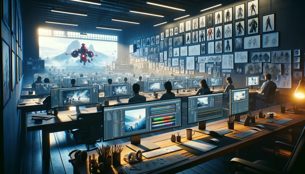 A modern animation studio filled with artists and animators working on the latest CGI animated film