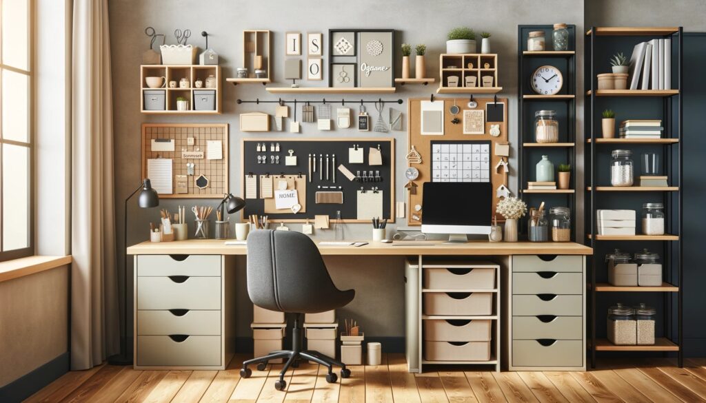 A neatly organized home office space, showcasing various DIY organization ideas