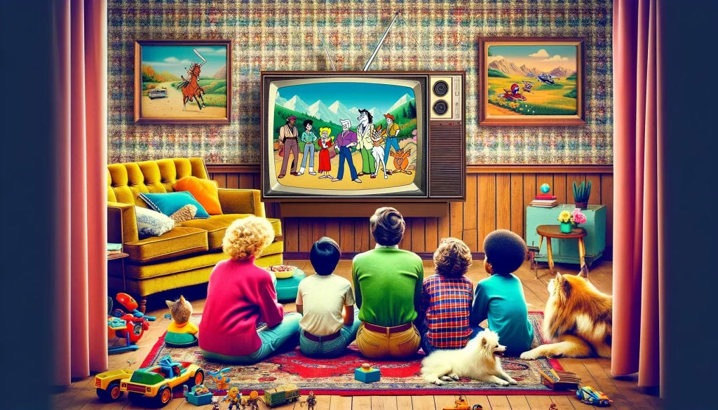 A nostalgic scene of a family gathered in the living room on a Saturday morning in the 1980s, watching classic cartoons on a CRT television