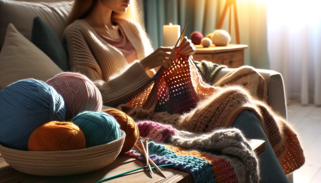 A peaceful setting where an individual is comfortably seated, knitting a colorful scarf or blanket