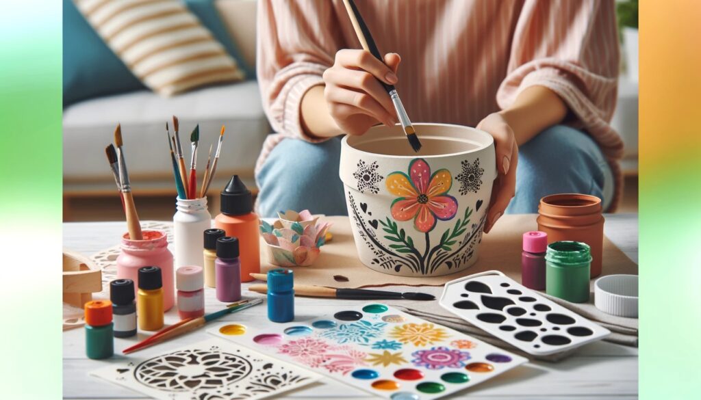 A person sitting at a table, actively painting a flower pot