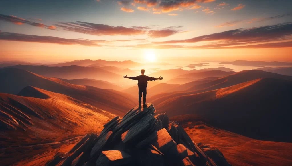 A person stands on the top of a mountain, overlooking a vast landscape at sunset