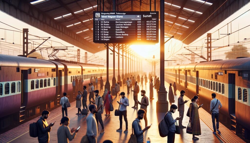 A realistic scene at an Indian train station during sunset