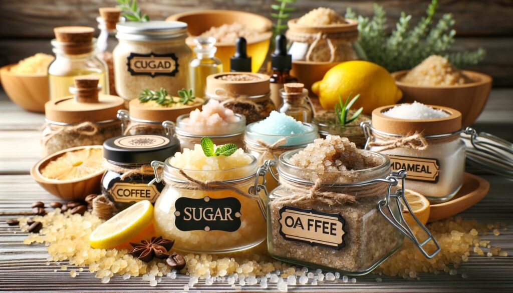 A selection of homemade body scrubs displayed in a spa like setting