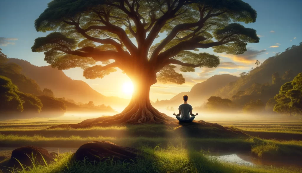 A serene landscape with a person meditating in lotus position under a large, ancient tree, embodying tranquility and mindfulness