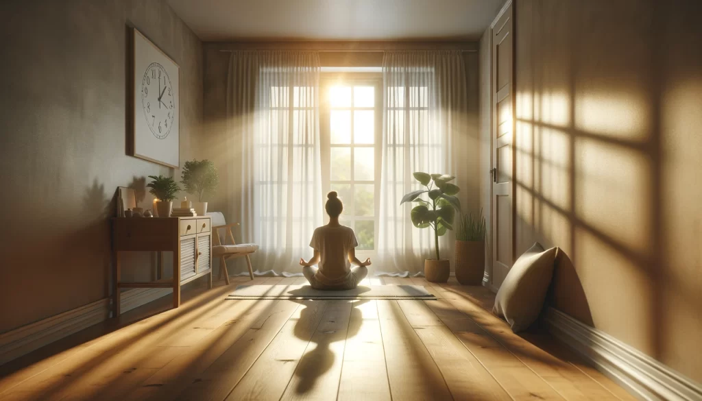 Art of Slow Living - A serene morning routine with a person practicing meditation in a peaceful sunlit room