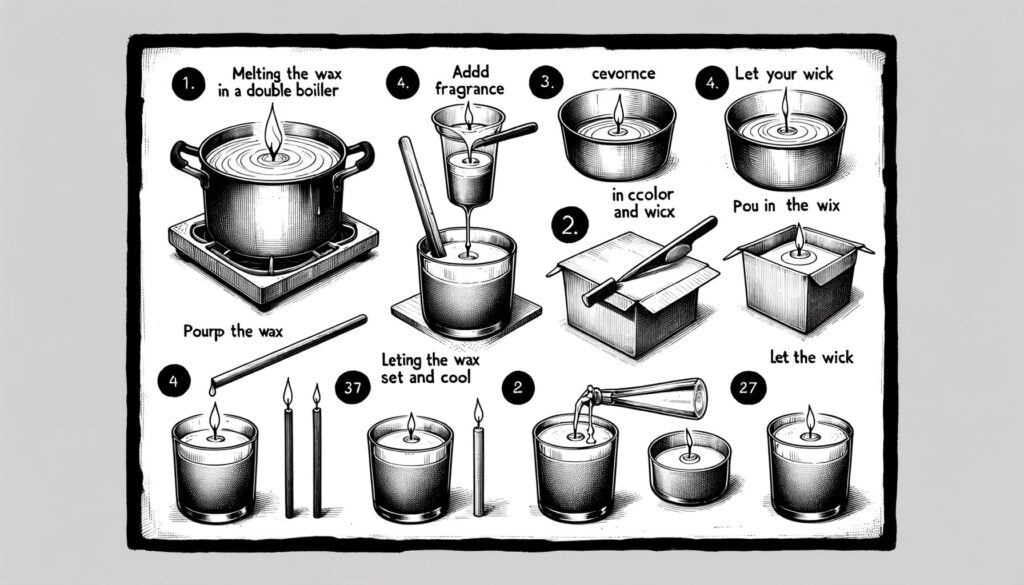 A series of step by step sketches depicting the candle making process