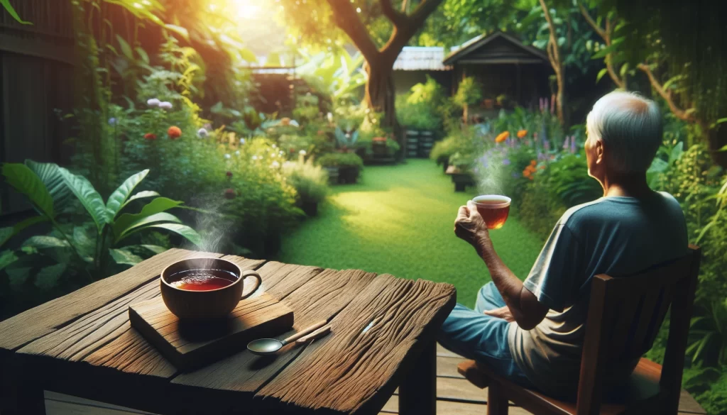 A simple, joyous moment, like a person enjoying a cup of tea in a quiet garden