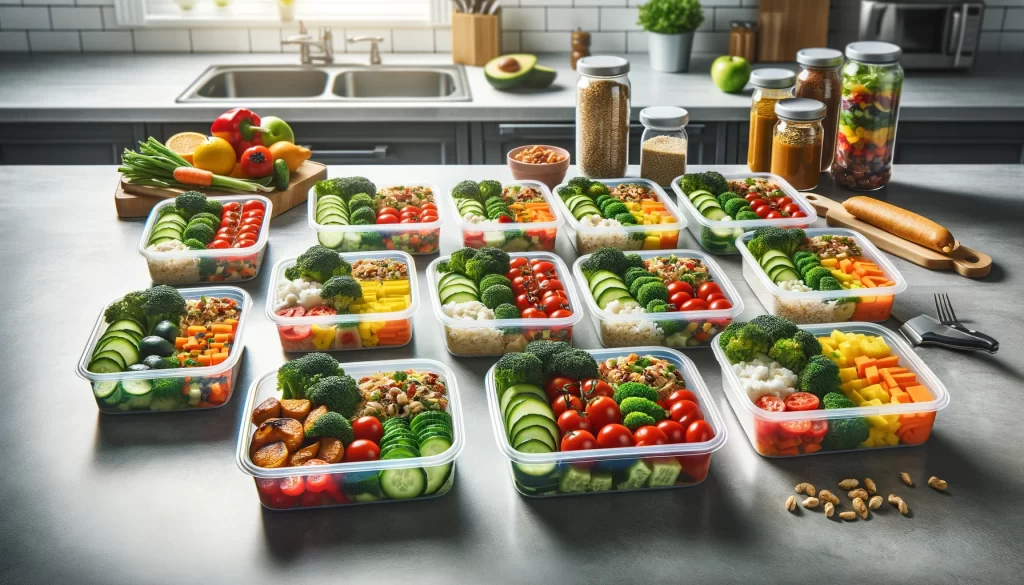 A weeks worth of meal prepped containers filled with colorful nutritious foods arranged neatly on a kitchen counter