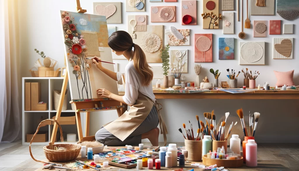 A woman at her workspace, creating a piece of wall art