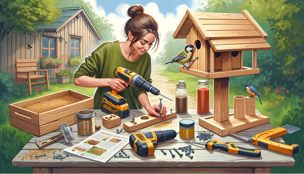 A woman constructing a bird feeder, working with materials like untreated wood, screws, a drill, saw, and bird safe paint