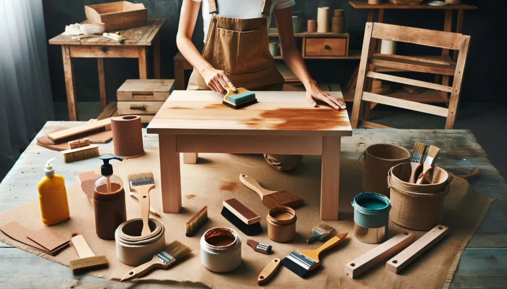 A woman in the process of refinishing a wooden table