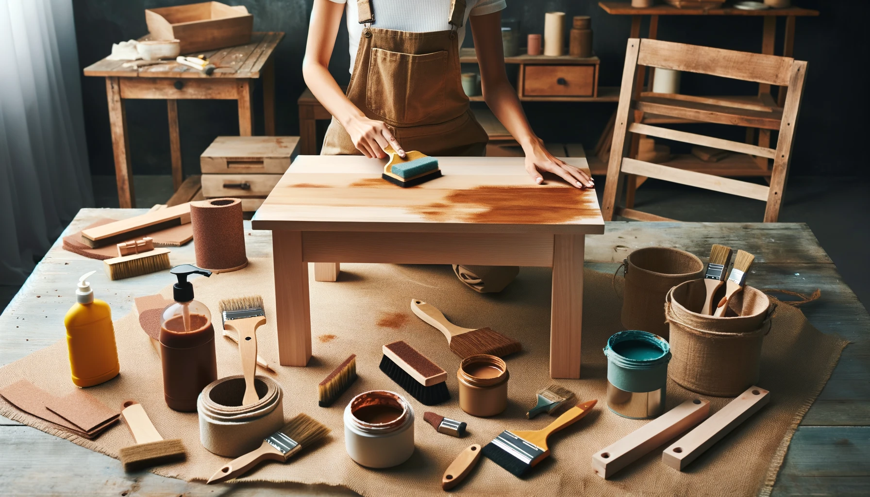 A woman in the process of refinishing a wooden table