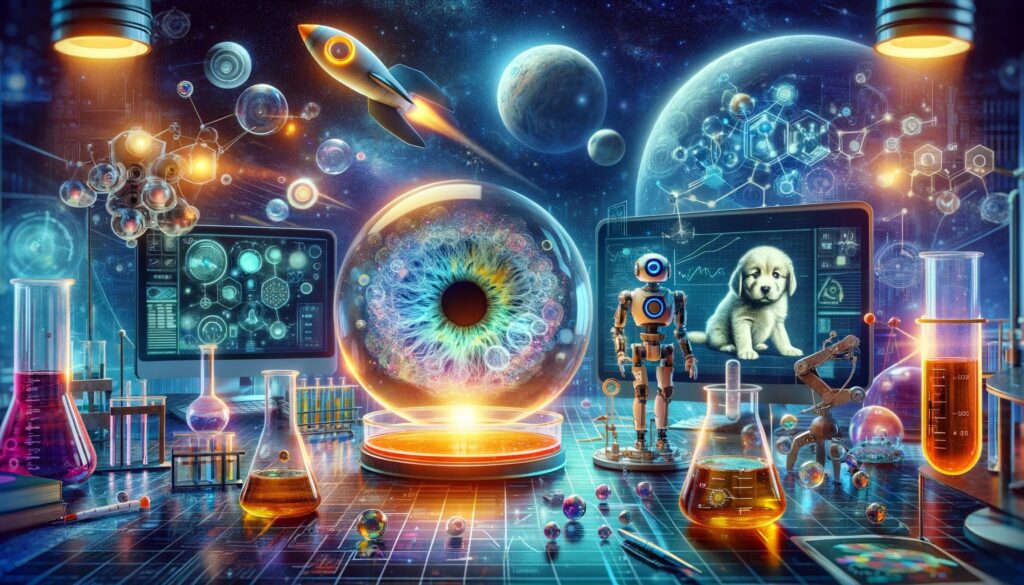 An artistic representation of a lab filled with futuristic technology