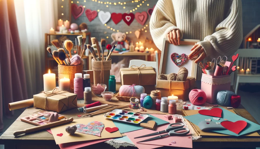 An image depicting a hands on crafting scene with several DIY Valentine's Day gifts being made