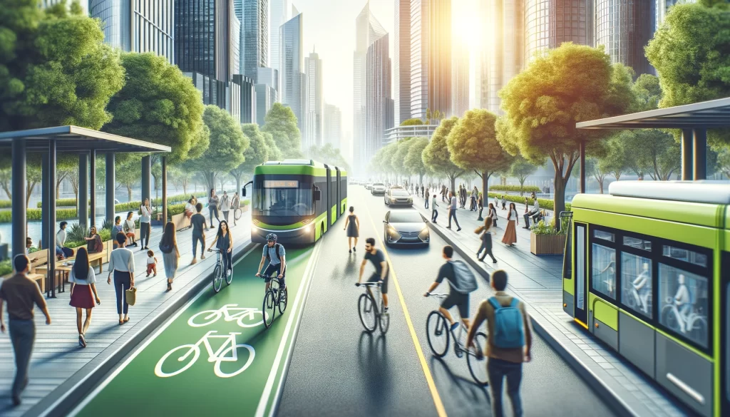 An image depicting sustainable transportation options in an urban setting, showcasing people biking, walking, and using public transit