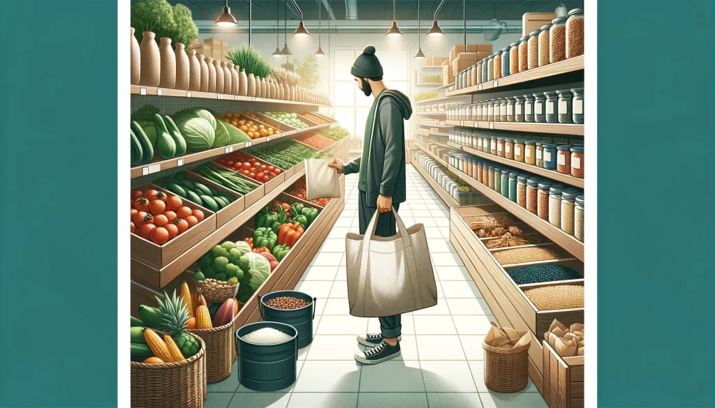 Sustainable Living Practices - An image illustrating ecofriendly shopping practices including a person using reusable bags and selecting bulk goods with minimal packaging in a gro