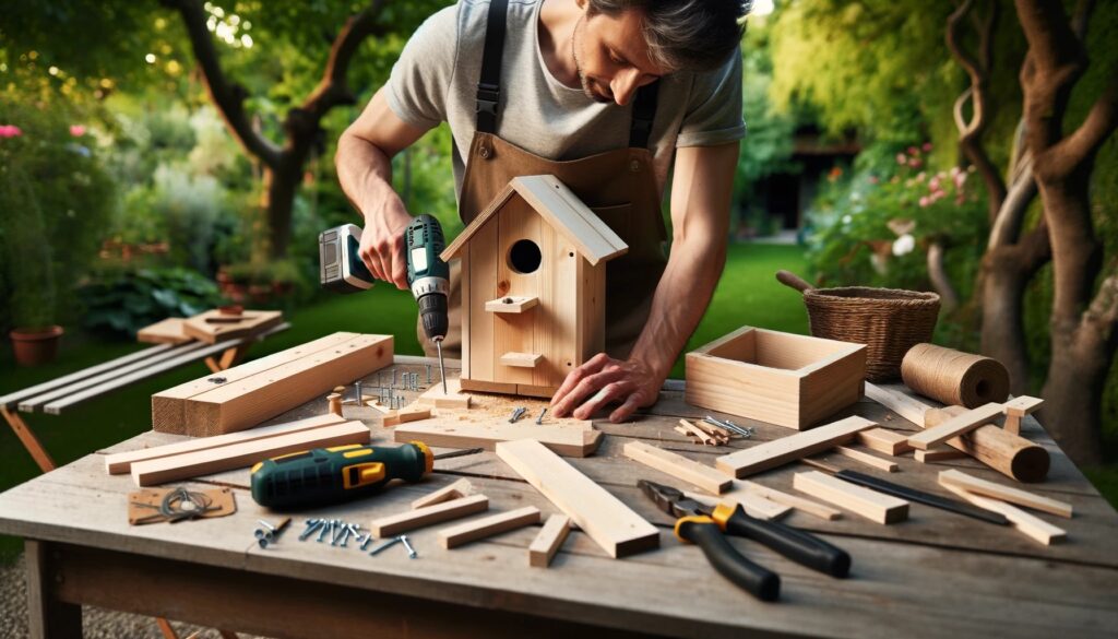 An individual buildin a wooden birdhouse