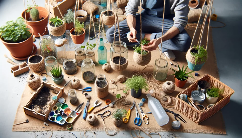 An individual in the process of creating hanging planters