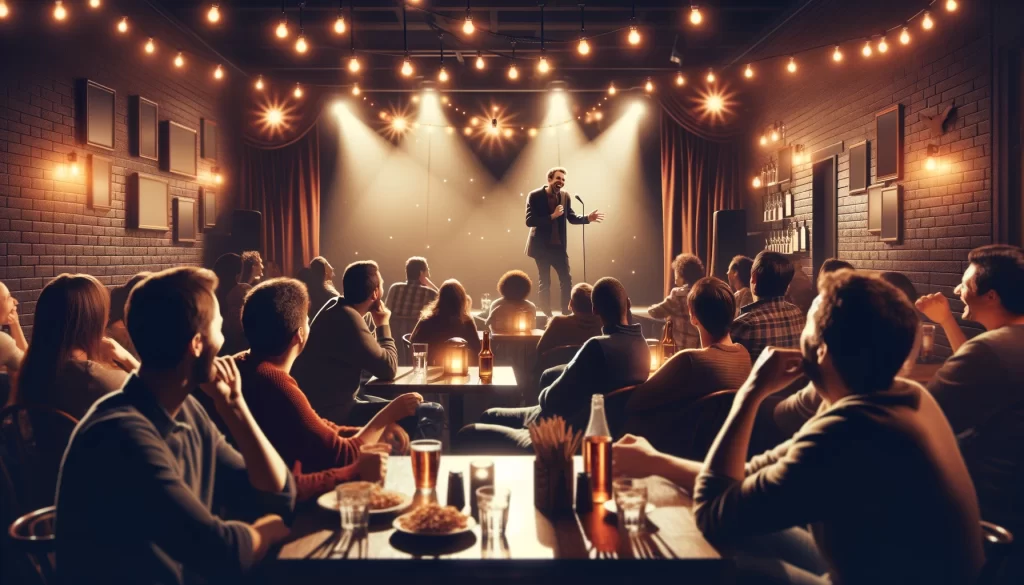 An intimate comedy club scene with a stand up comedian performing on stage to a captivated audience