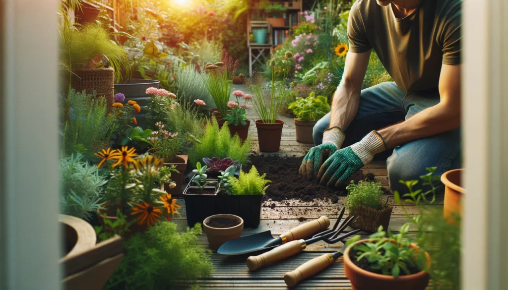 Someone gardening in their backyard surrounded by an array of plants and flowers highlighting the peaceful and restorative nature of this activity