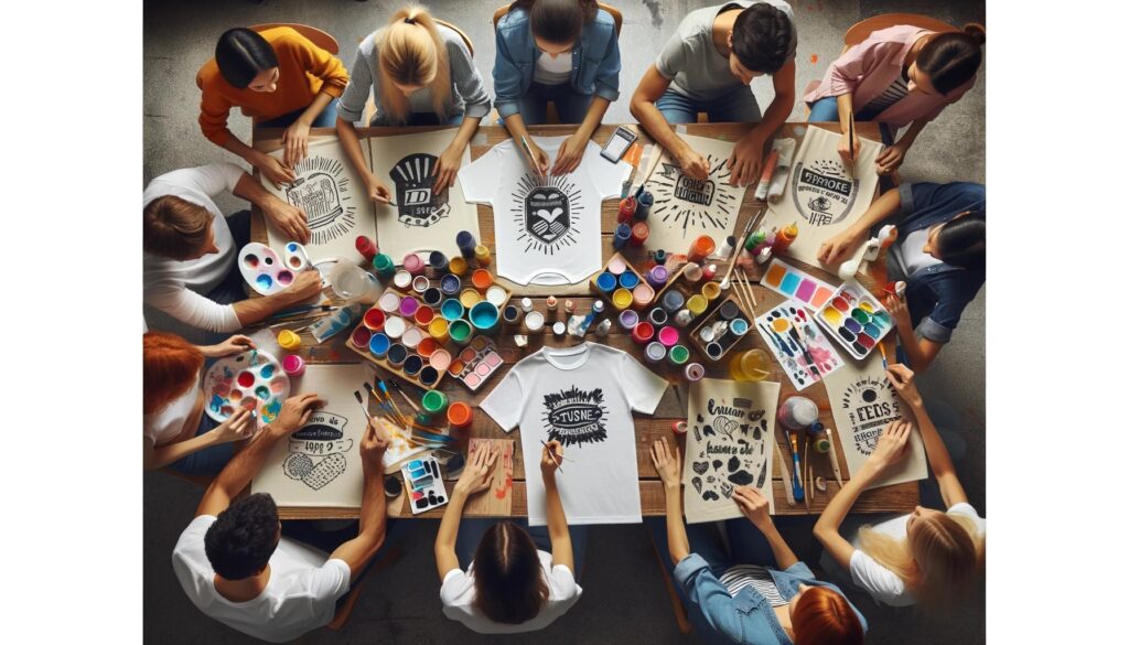 group of people gathered around a table, each working on customizing their own t shirts