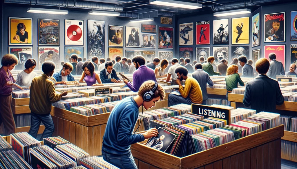 music enthusiasts browsing through bins of vinyl records