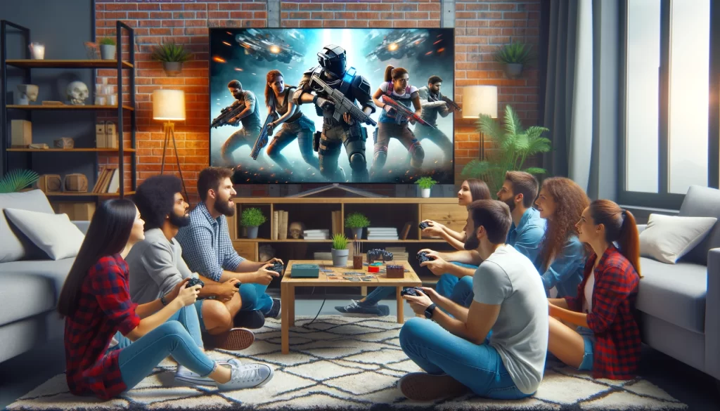 people playing a cooperative video game