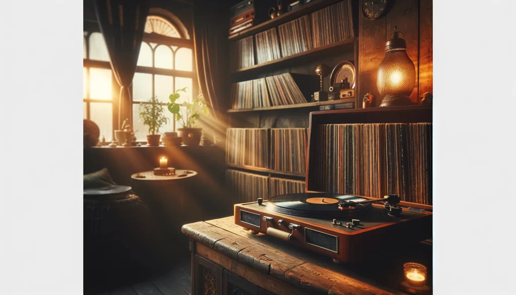 wooden shelf dedicated to an extensive collection of vinyl records
