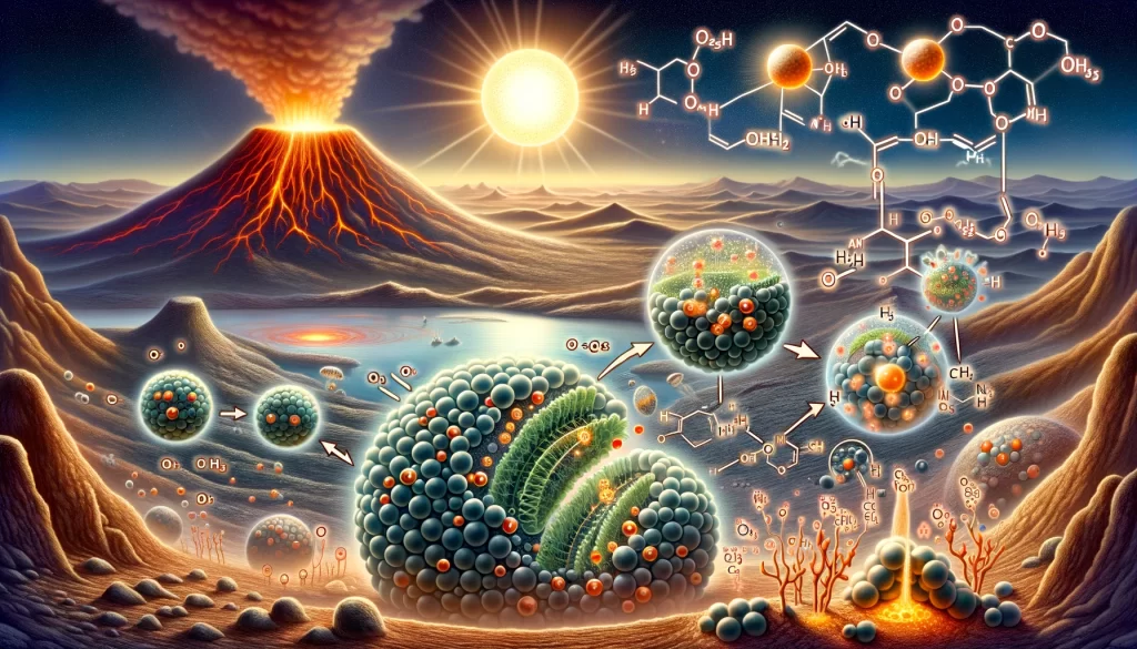 A detailed scientific illustration showing the process of protocell formation on early Earth